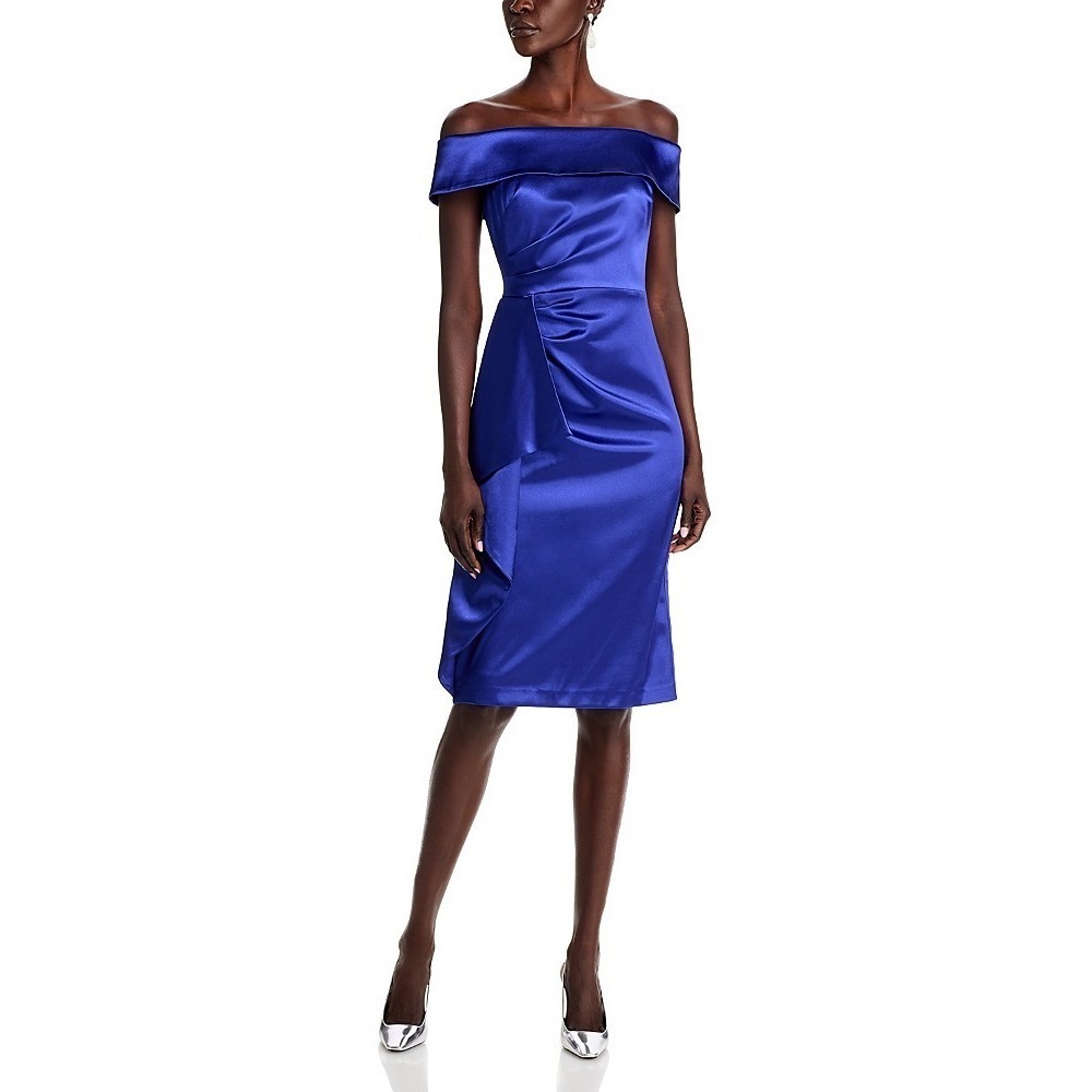$178 Eliza J Blue Satin Off-the-Shoulder Gathered Bodycon Cap‎ Cocktail Dress 12